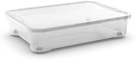 Contenitore Keter multiuso trasparente T Box M con coperchio ermetico, ideale per l'organizzazione domestica. Design piatto e impilabile perfetto per conservare vestiti e accessori in modo visibile e ordinato. | Dematteis.it