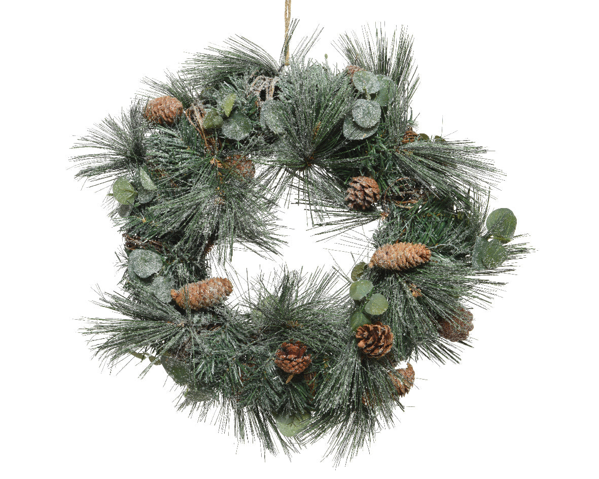 Ghirlanda di Natale ghiacciata con foglie e pigne decorazione natalizia da 50 cm di diametro - DeMatteis.it