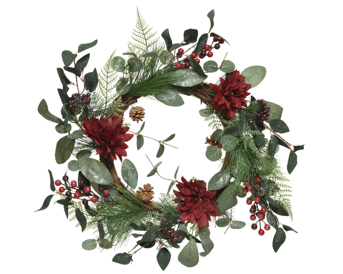 Ghirlanda Natalizia Fiori Rossi Con Foglie 40 cm decorazione per porte e camini con elementi vegetali - DeMatteis.it