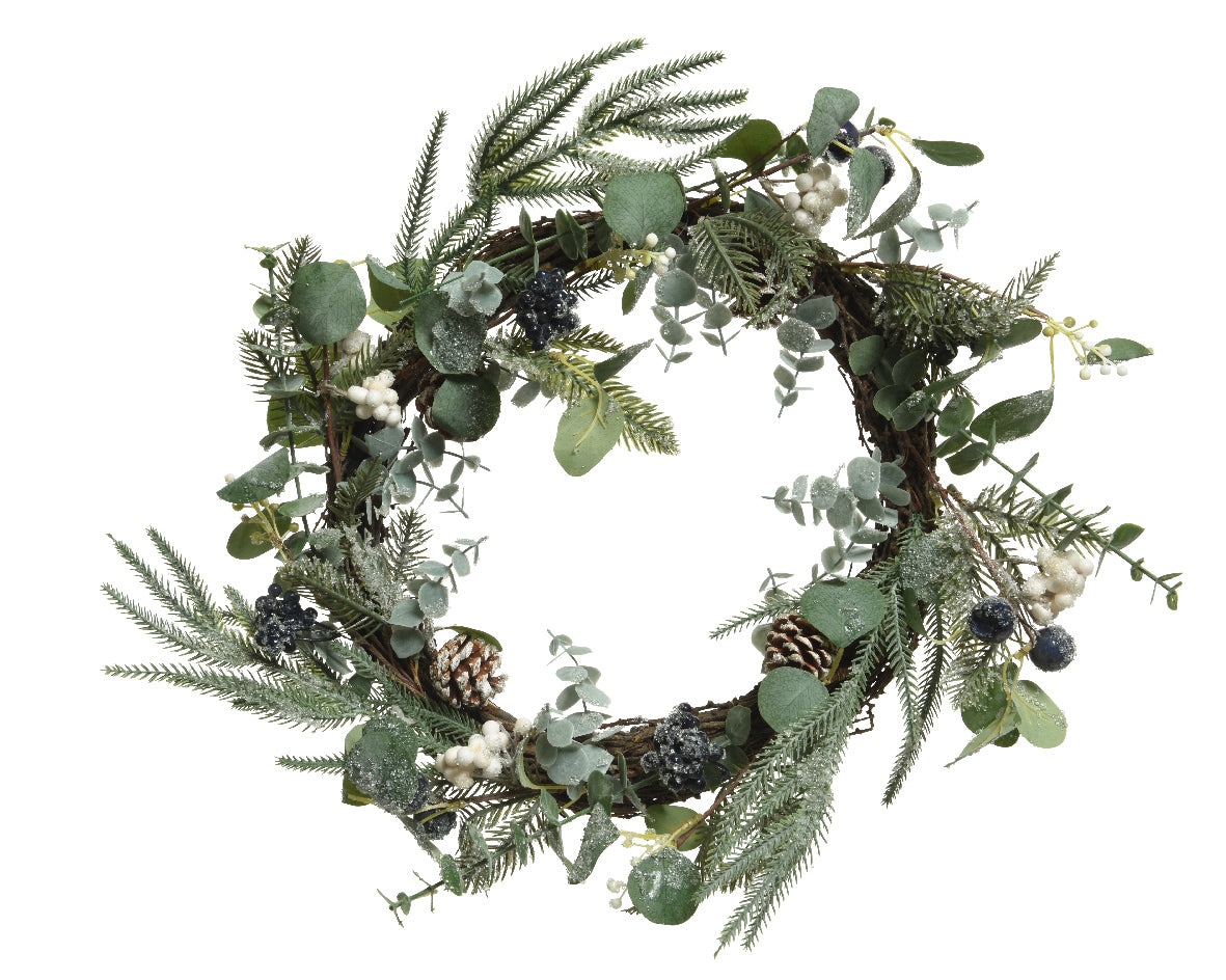 Ghirlanda Natalizia Foglie Ghiacciate 45 cm per decorazioni natalizie con eucalipto e pigne - DeMatteis.it