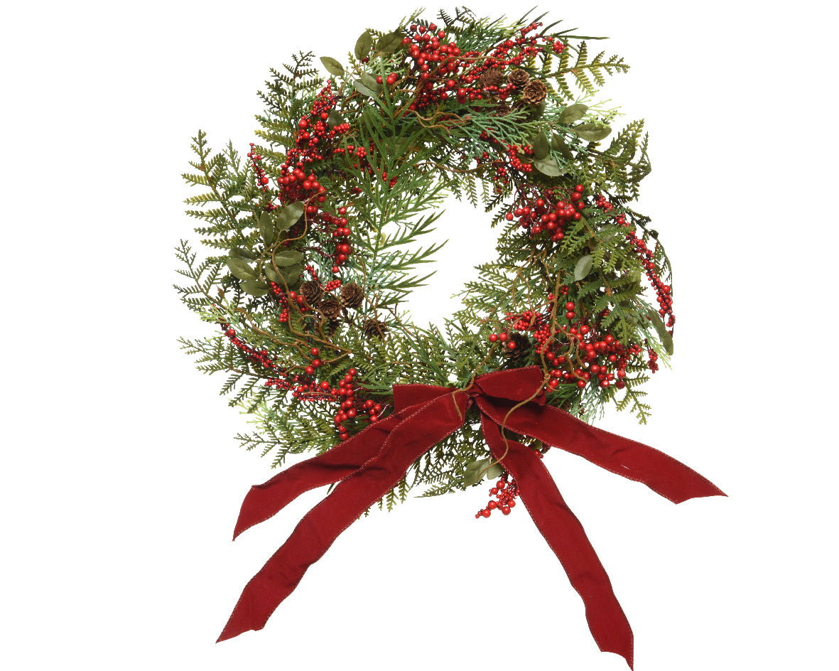 Ghirlanda Verde Con Bacche Fiocco Velluto Rosso decorazione natalizia da parete 50 cm diametro - DeMatteis.it