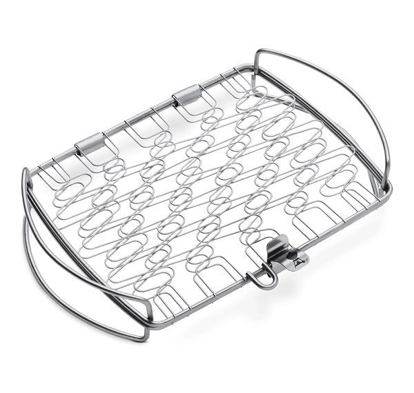 Graticola barbecue Weber 21x18 cm in acciaio inox con sistema di apertura facilitata, ideale per verdure grigliate e piccoli pezzi di carne, compatibile con barbecue a gas Weber Q100/1000 e modelli superiori. | Dematteis.it