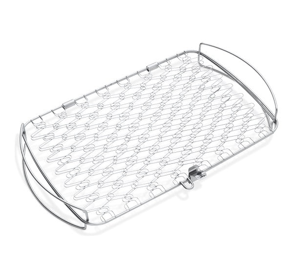 Graticola per barbecue Weber 28x46 cm in acciaio inox con design a filo metallico, ideale per grigliare verdure e piccoli pezzi di carne su barbecue a gas Weber Q 300/3000 e a carbone da 47 cm. | Dematteis.it
