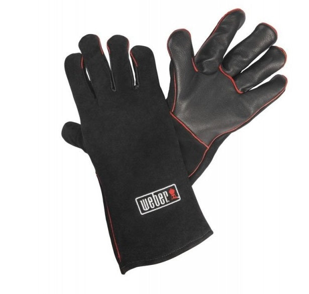 Guanti Weber barbecue in cuoio premium con palmo ergonomico per presa sicura e gancio integrato, ideali per proteggere le mani durante le grigliate e maneggiare con sicurezza accessori caldi. | Dematteis.it