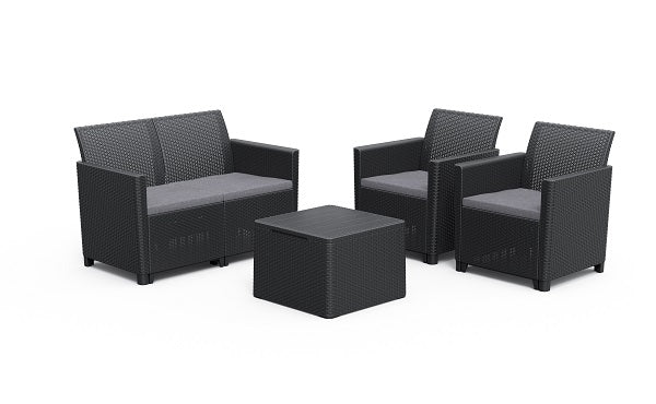 Set completo Keter Claire Lounge set grafite con cuscini composto da divanetto, due poltrone e tavolino in elegante finitura intrecciata scura, ideale come salotto da esterno per terrazzi e giardini. | Dematteis.it
