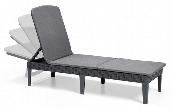 Lettino Keter Jaipur grafite con elegante finitura intrecciata in rattan, schienale regolabile in quattro posizioni e rivestimento in tessuto grigio, ideale per arredare con stile spazi esterni. | Dematteis.it