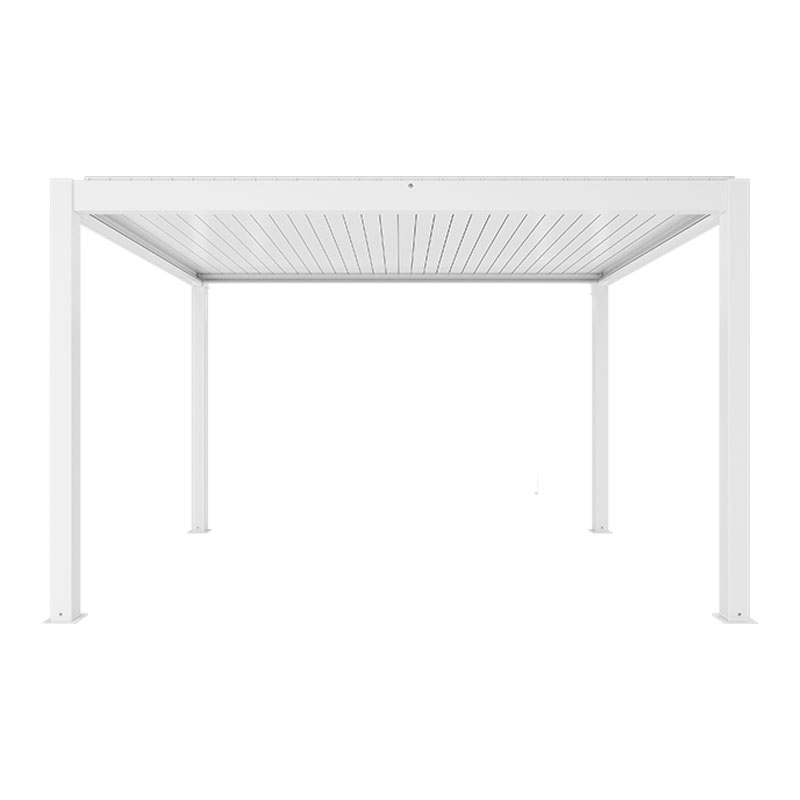 Pergola bioclimatica bianca 3x4 motorizzata con LED in alluminio satinato, lamelle orientabili e illuminazione integrata. | Dematteis.it