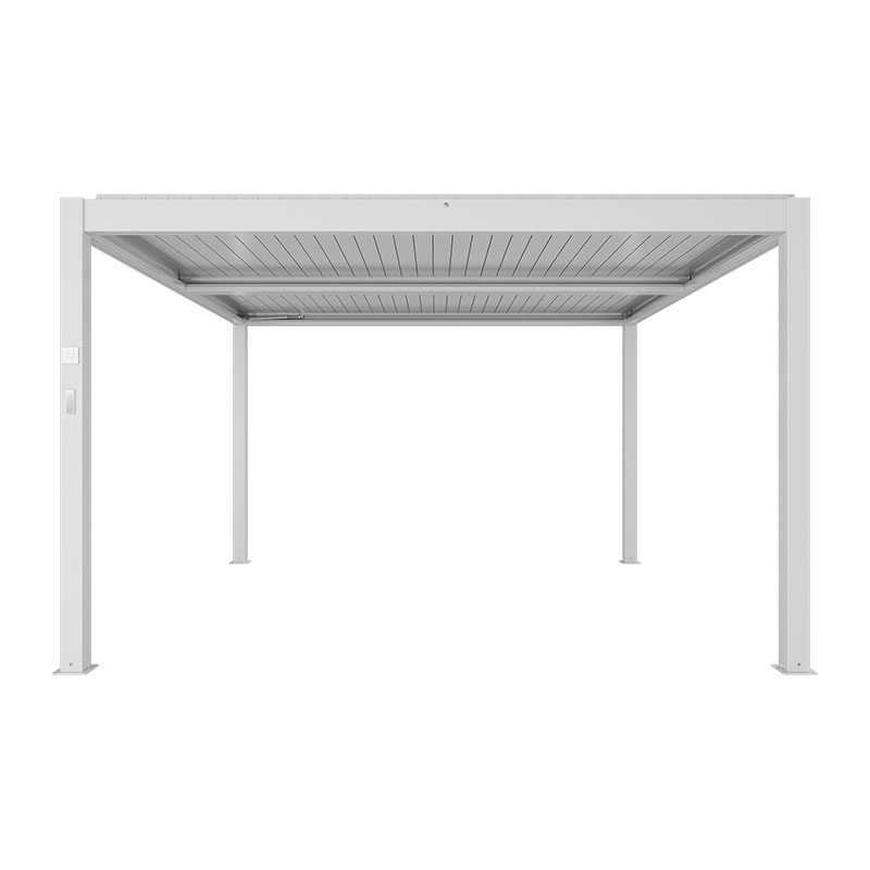 Pergola bioclimatica bianca 4x4 in alluminio con lamelle orientabili motorizzate e illuminazione LED integrata. | Dematteis.it