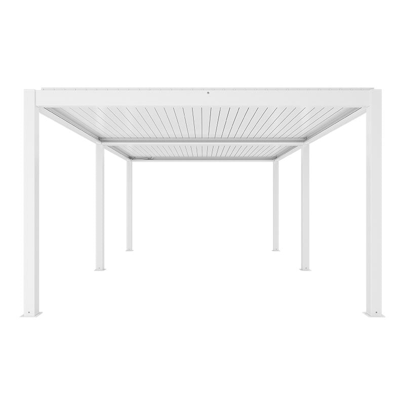 Pergola Bioclimatica Bianca 6x4 Motorizzata Con Led in alluminio bianco satinato con lamelle orientabili e illuminazione LED integrata. | Dematteis.it