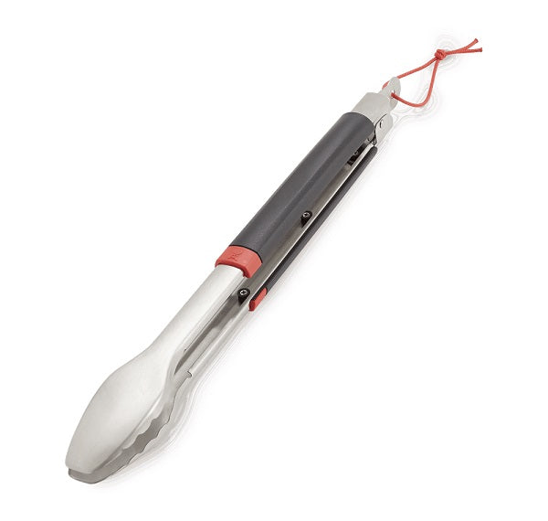 Pinza per barbecue Weber in acciaio inossidabile con impugnatura ergonomica e meccanismo di bloccaggio, ideale per maneggiare con precisione carne e verdure durante la grigliata. | Dematteis.it