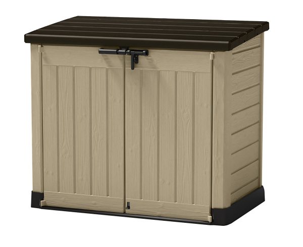 Portattrezzi Keter Store It Out Max sabbia con finitura effetto legno, design compatto e versatile, ideale per riporre oggetti all'aperto grazie alla sua capacità di 1200 litri e doppia apertura. | Dematteis.it