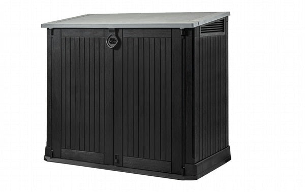 Il portattrezzi Keter Store It Out Midi nero con finitura effetto legno e tetto grigio chiaro, ideale per conservare attrezzi da giardino grazie alla sua capacità di 880 litri e alla struttura resistente agli agenti atmosferici. | Dematteis.it