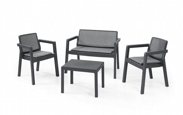 Elegante salotto Keter Emily lounge in colore grafite con un divanetto, due poltrone e tavolino, ideale per arredare con stile il tuo giardino o terrazza con un salotto da giardino Keter di qualità. | Dematteis.it