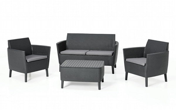 Salotto Keter Salemo lounge set grafite con cuscini: elegante composizione con due poltrone, divano due posti e tavolino in resina effetto rattan, ideale per terrazzi e balconi. | Dematteis.it