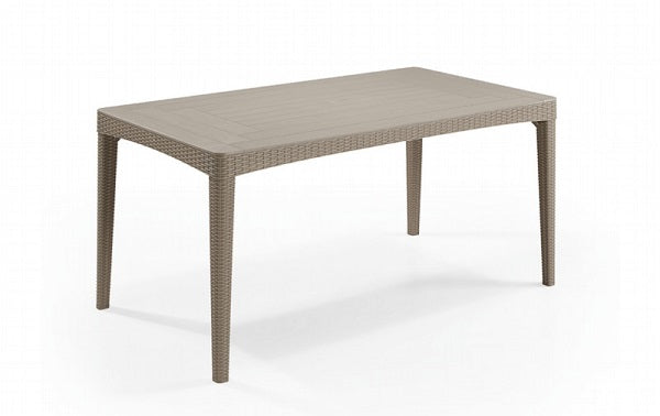 Il tavolo Keter Girona cappuccino visto lateralmente, mostra la sua elegante struttura in resina che riproduce l'intreccio del rattan con finitura effetto legno spazzolato, ideale per arredare spazi esterni con stile. | Dematteis.it