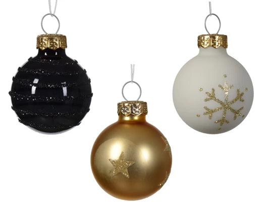Box 9 Palle Di Natale Vetro Con Decoro Black Gold White D 3 Cm