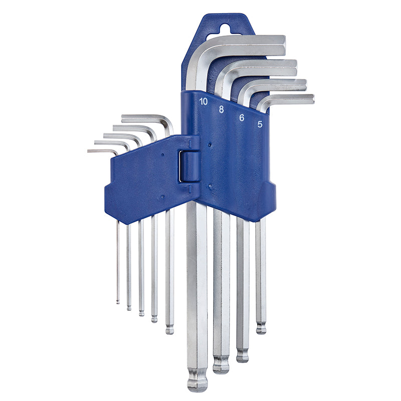 Fervi, Serie Chiavi Esagonali Lunghe Con Punta Sferica 9 Pz in acciaio cromato con supporto in plastica blu e misure graduate - DeMatteis.it