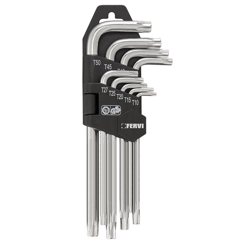 Fervi, Serie Chiavi Torx Lunghe in acciaio cromato con supporto nero, 9 chiavi torx da T10 a T50 con estremità a stella e manico lungo - DeMatteis.it