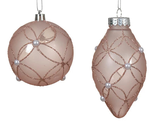 Palla Di Natale Vetro Con Decoro Fiore E Perla Blush Pink 8 Cm 1 Pz