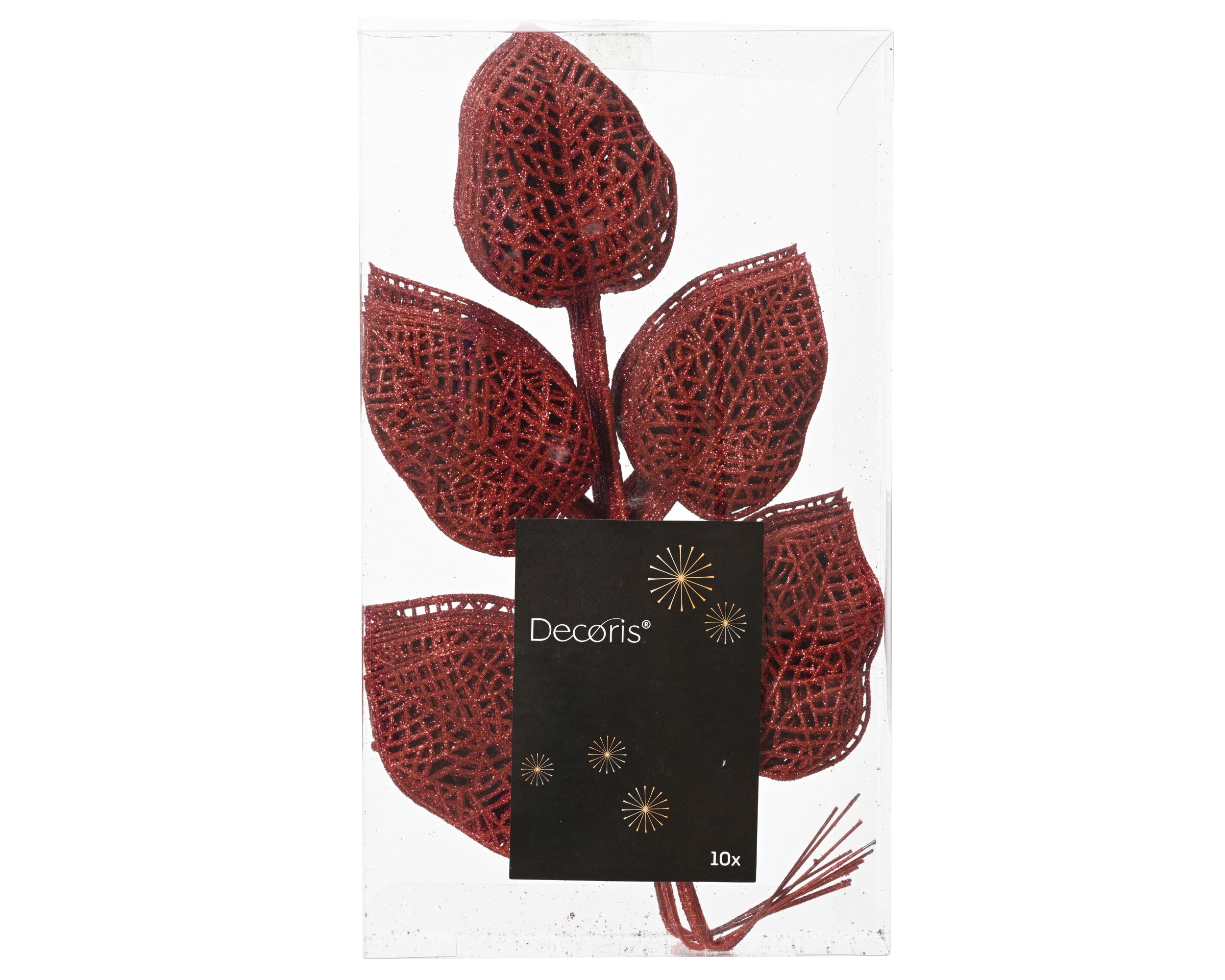 Confezione con 10 rami decorativi rossi con foglie glitterate, marchio Decoris, in scatola trasparente per Natale | DeMatteis.it
