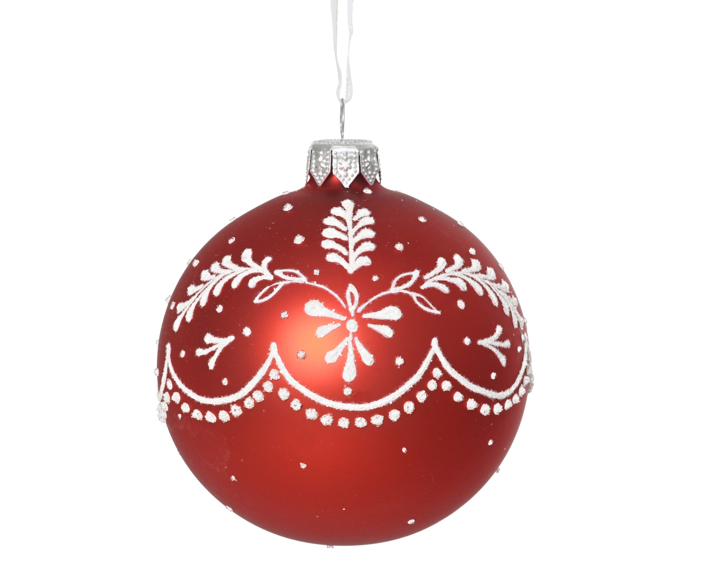 Palla Natale Vetro Rossa D 8 Cm Decoro Bianco