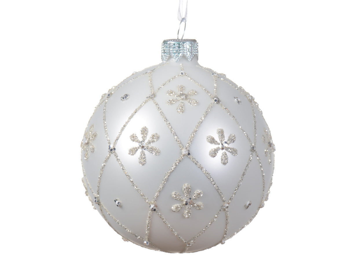 Palla Di Natale Vetro Con Decoro Fiori 8 Cm