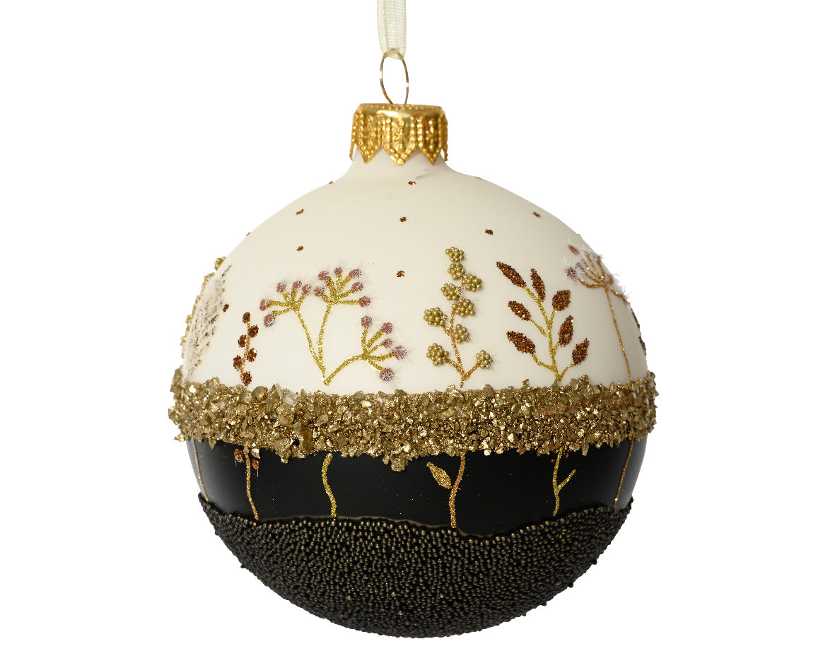 Palla Di Natale Wool White Con Fiori 8 Cm