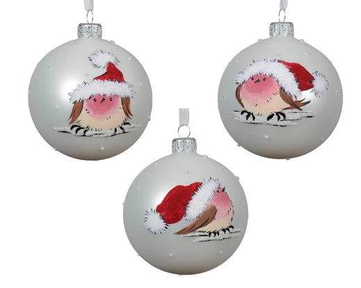 Palla Di Natale Vetro Decoro Pettirosso Con Cappello 8 Cm 1 Pz