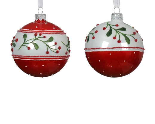 Palla Di Natale Vetro Decoro Bordo Con Bacche 8 Cm 1 Pz