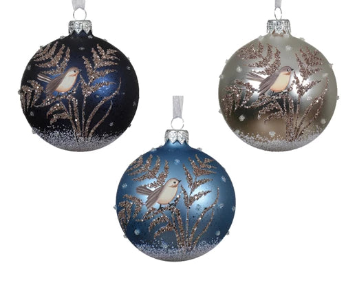 Palla Di Natale Vetro Decoro Uccellino Su Foglia Di Felce 8 Cm 1 Pz