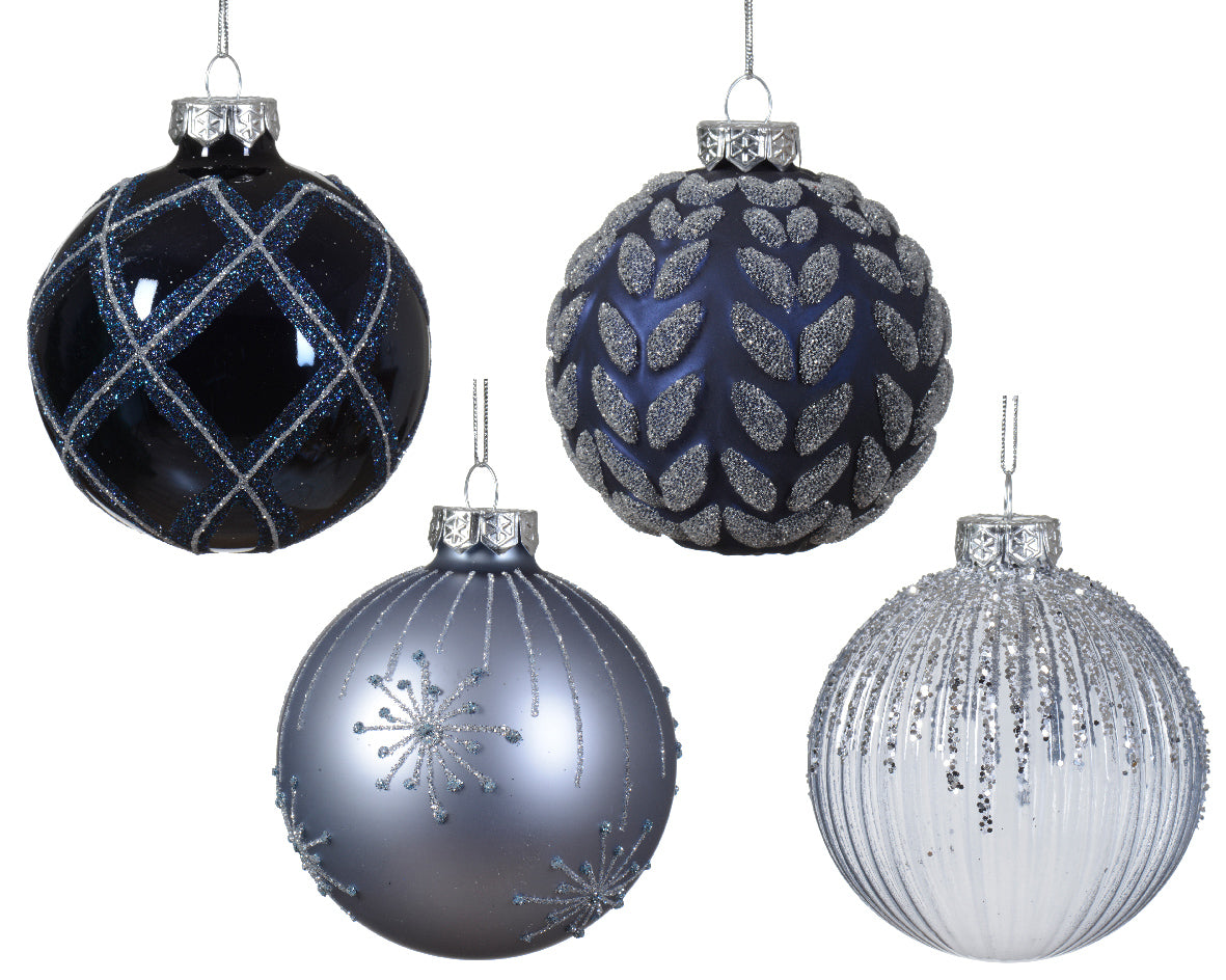 Palla Di Natale Vetro Blue Con Decorazioni 8 Cm 1 Pz