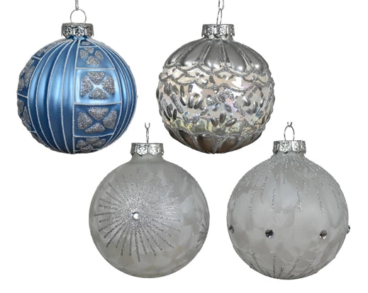 Palla Di Natale Vetro Blue White Con Decori 8 Cm 1 Pz