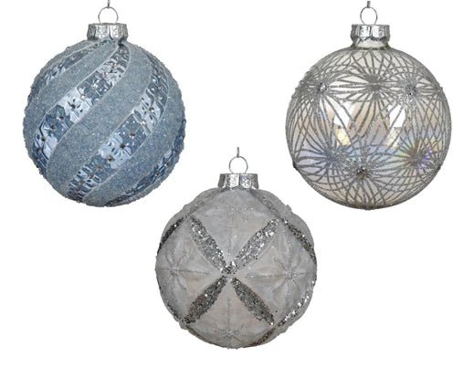 Palla Di Natale Vetro Blue White Con Decori 10 Cm 1 Pz