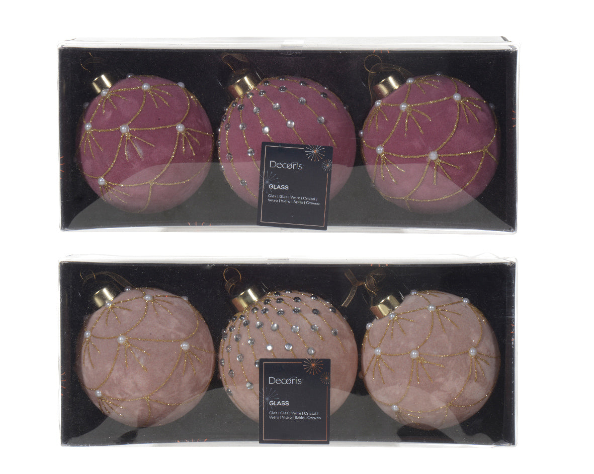 Box 3 Palline Di Natale Rose Con Decori 8 Cm