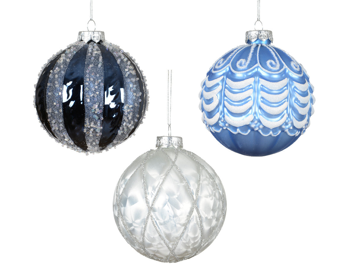 Sfera Vetro D 10 Cm Sky Blue Decoro Bianco 1 Pezzo