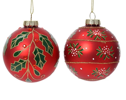 Palla Di Natale Vetro Red Con Decoro Agrifoglio 8 Cm 1 Pz