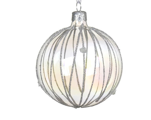 Palla Di Natale Vetro Trasparente Decoro Linee Glitter Silver 8 Cm