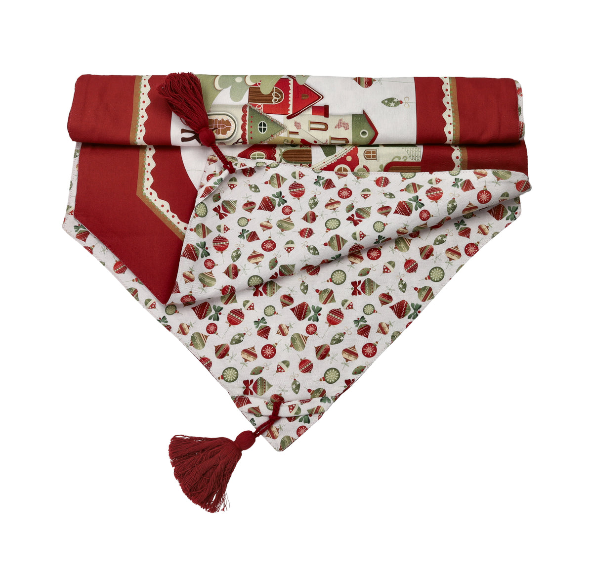 Brandani, Runner Natalizio Villaggio 45x140 cm in tessuto rosso con stampa casette e decorazioni natalizie, nappine agli angoli, per la tavola di Natale - DeMatteis.it