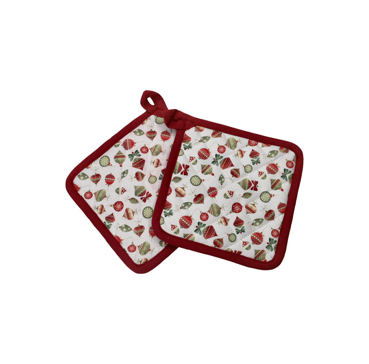 Brandani, Set 2 presine micro bianco 18x18 cm con fantasia natalizia a palline e bordo rosso, imbottite per proteggere le mani dal calore - DeMatteis.it