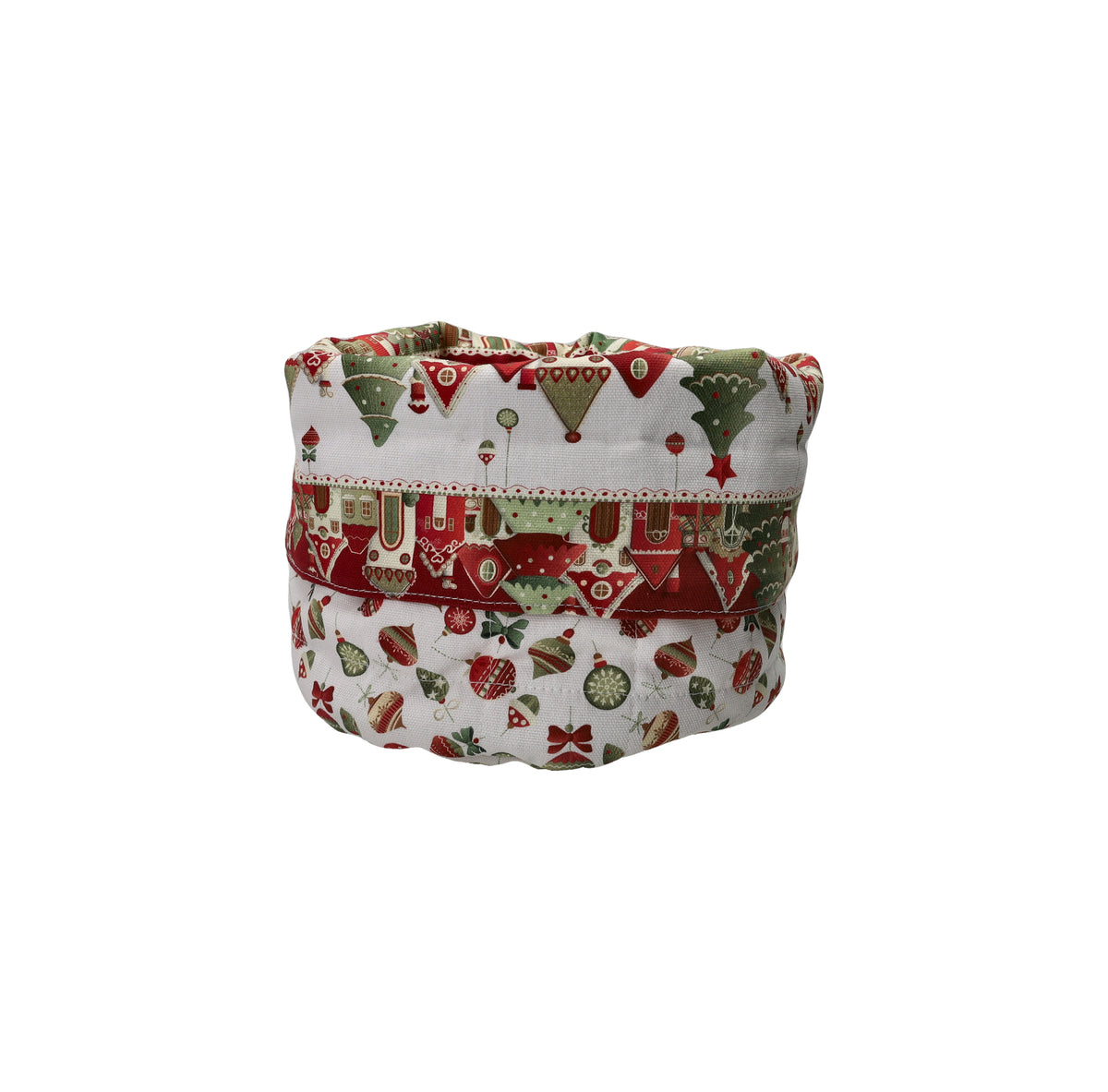 Brandani, Cesto tondo in tessuto imbottito D 18x23 cm con fantasia a righe casine, alberi e palline natalizie, per la tavola di Natale - DeMatteis.it