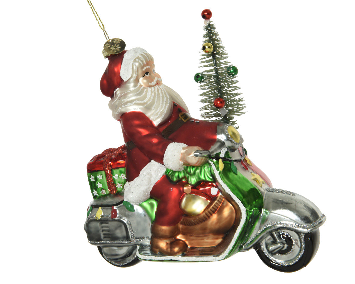 Pendente Vetro Santa Con Vespa 15 cm decorazione natalizia in vetro soffiato per addobbi albero di Natale - DeMatteis.it