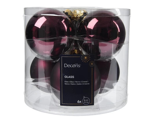 Box 6 Palle Di Natale Vetro Dark Mauve 8 Cm