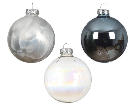Box 16 Palle Di Natale Vetro Blu White Transparent 8 Cm