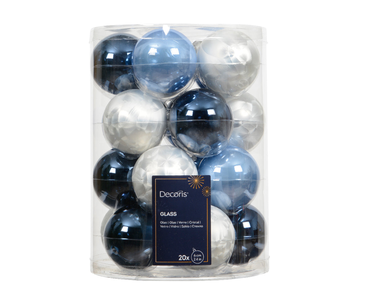 Box 20 Palla Natale Vetro D 6 Cm Blue White