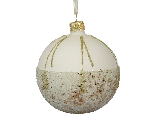 Palla Di Natale Vetro Wool White Decoro Linee Scintillanti 8 Cm