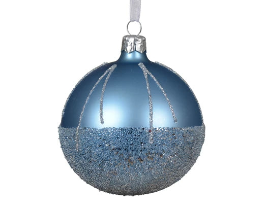 Palla Di Natale Vetro Blu Decoro Linee Scintillanti 8 Cm