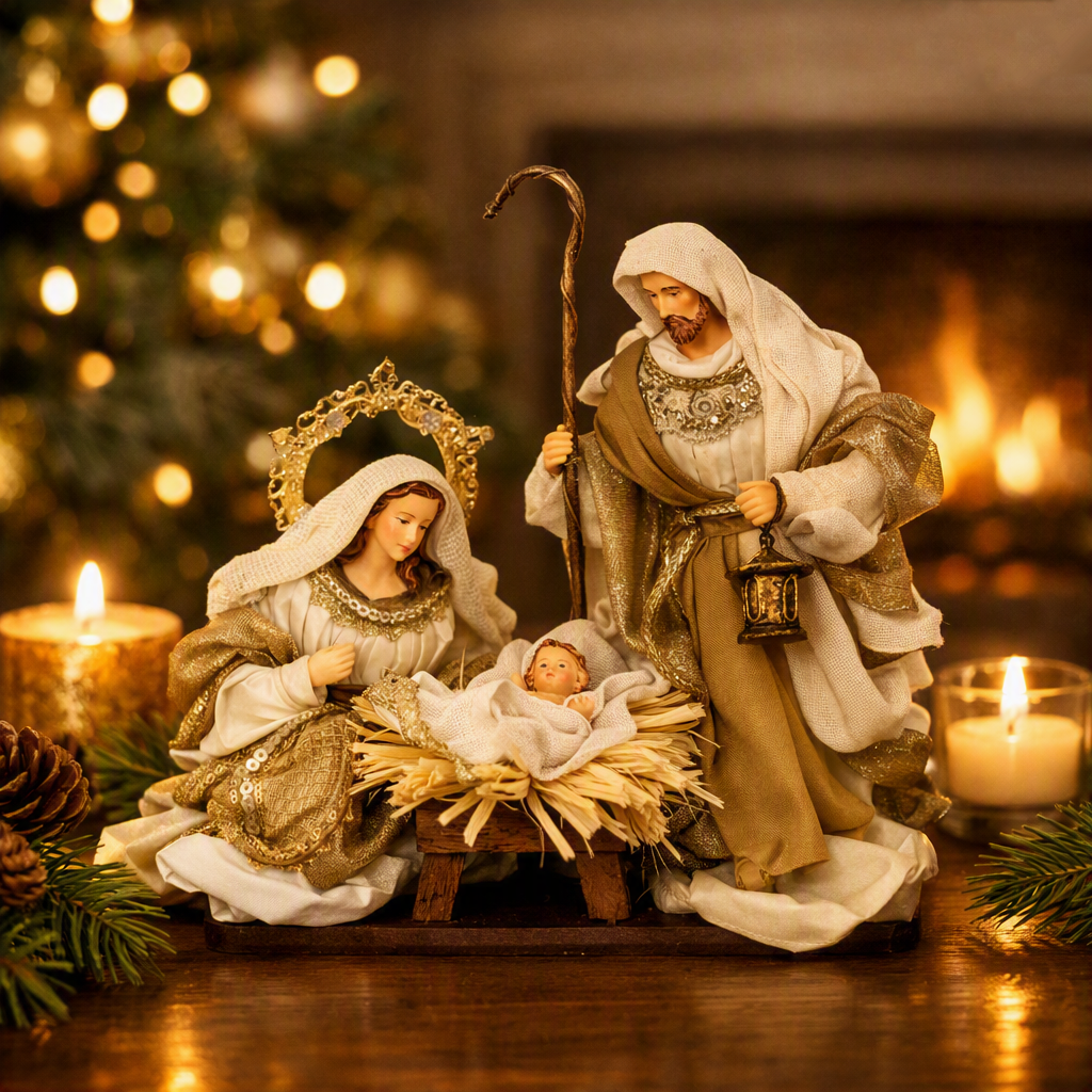 Natività Su Base Beige Rame Marrone Oro 28x16x27 Cm