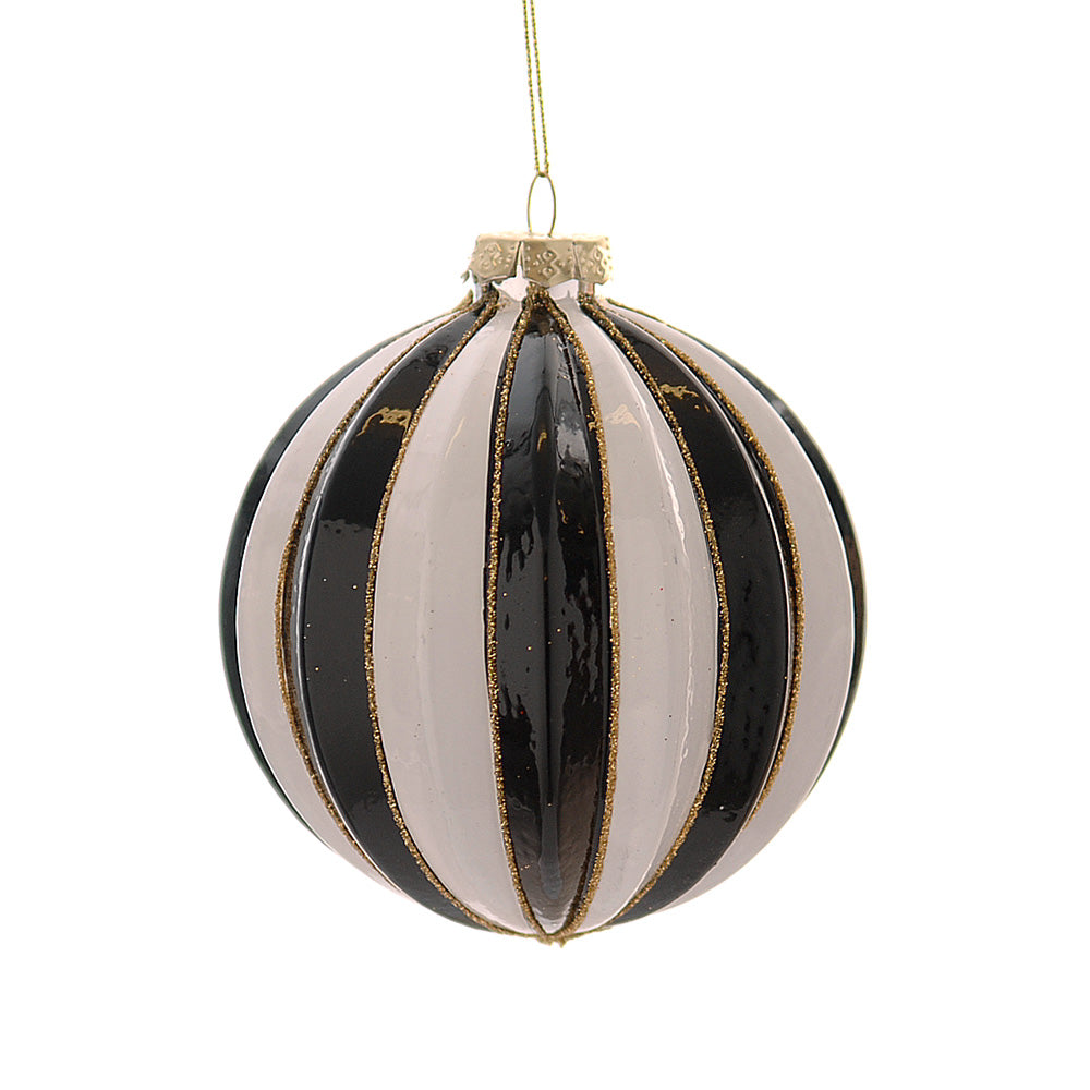 Pallina Vetro Bianca E Nera Strisce Glitterate  8 Cm
