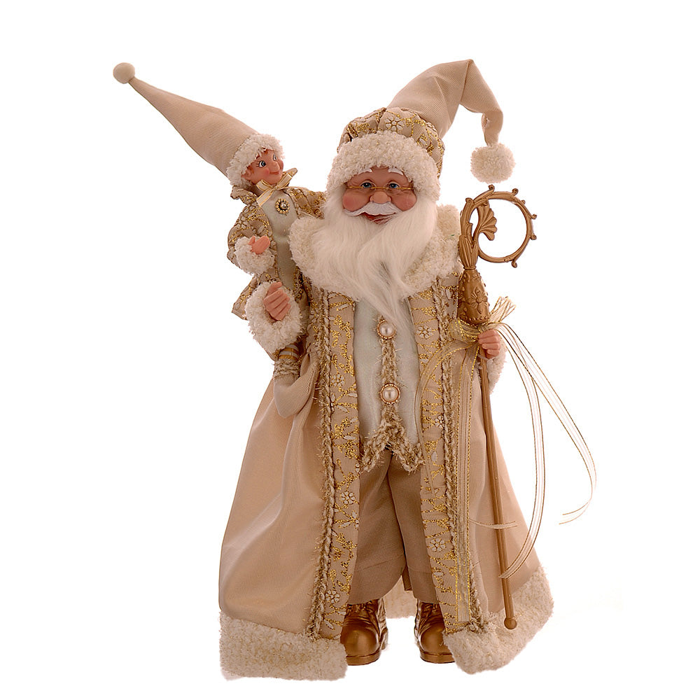 Babbo Natale Con Elfo In Spalla Avorio Oro 46 Cm