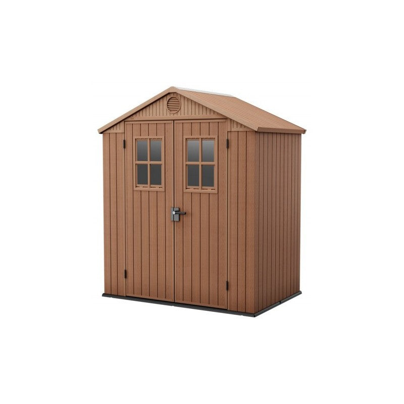 Keter, Casetta da giardino Darwin 6x4 con finestre frontali in resina effetto legno marrone, tetto a spiovente e griglia di ventilazione circolare - DeMatteis.it